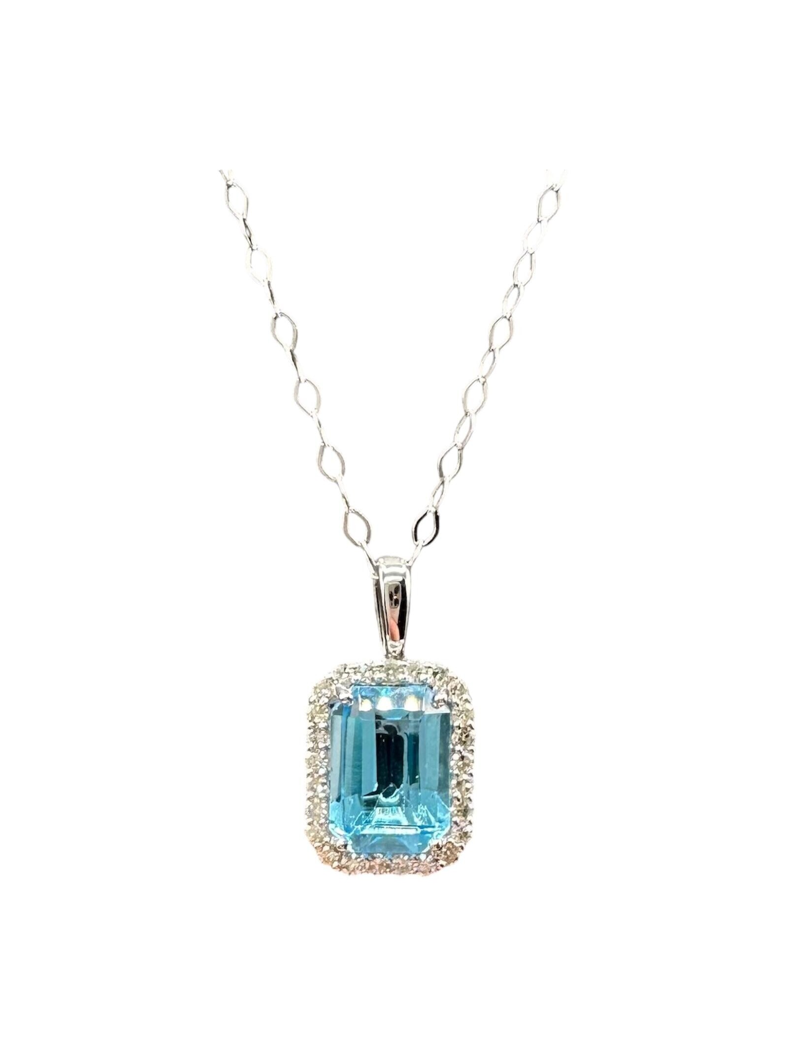 Blue Topaz Diamond Necklace 14kt White Gold Emerald Cut 0.13ctw New